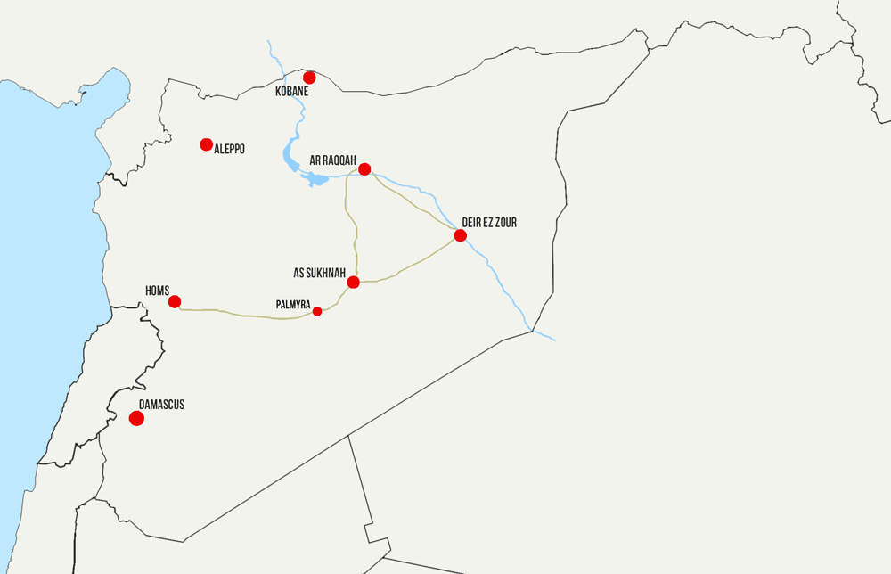 map of the approaches to Raqqa in Syria