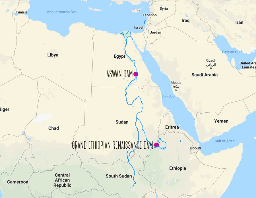 map showing the location of the aswan dam and the grand ethiopian renaissance dam