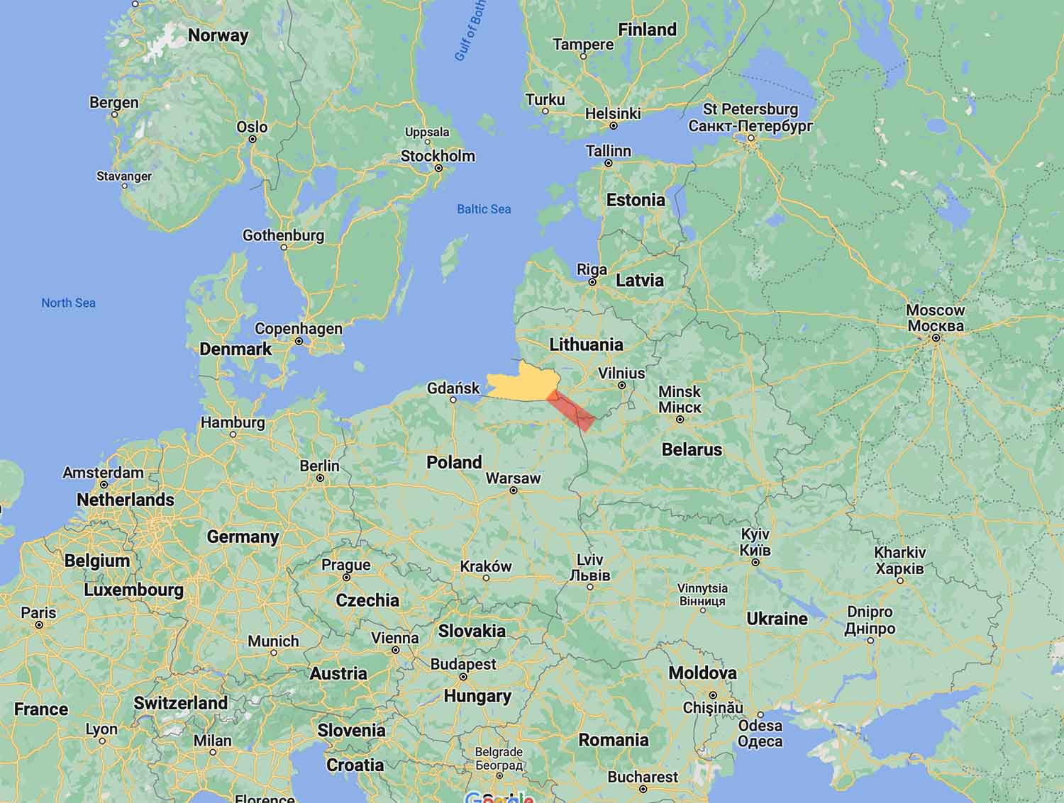 Map illustrating the Suwalki Gap and the position of Kaliningrad and Belarus